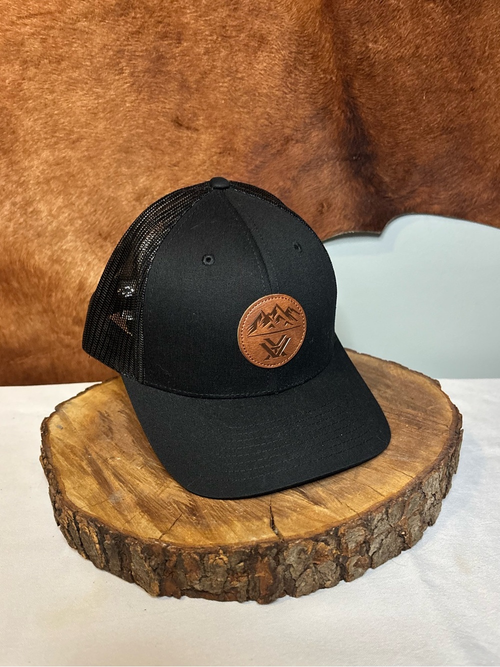 🏔️ Vortex Leather Patch Trucker Hat | Black Snapback | Hunting Outdoor Cap